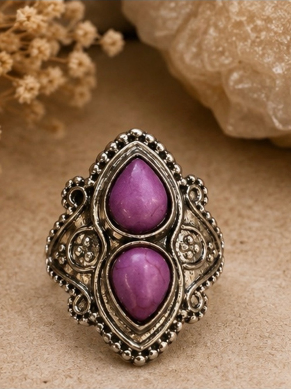 Silver Purple Stone Teardrop Statement Ring
